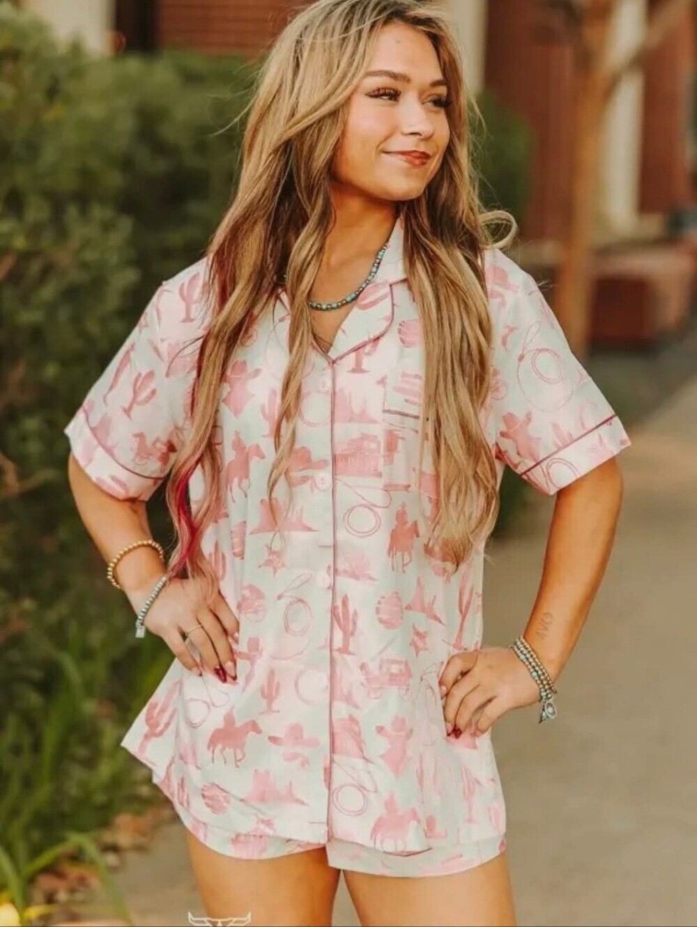NWT Cream Pink Western Printed Button Down Shorts Pajama Set